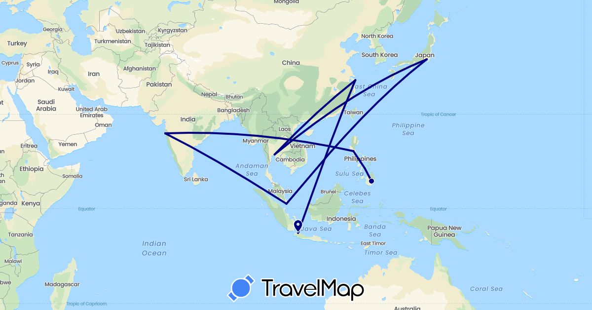 TravelMap itinerary: driving in China, Indonesia, India, Japan, South Korea, Philippines, Singapore, Thailand (Asia)